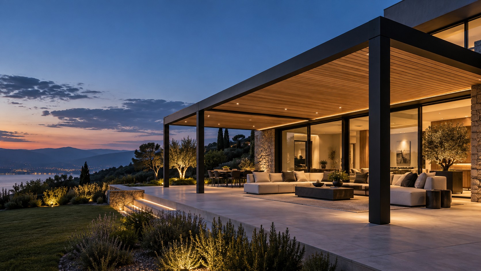 Galería contemporánea con estructura de acero negro y techo de madera